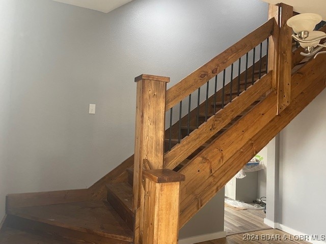 staircase with hardwood / wood-style floors