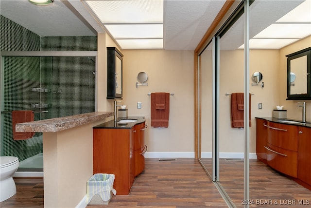 bathroom featuring toilet, hardwood / wood-style flooring, vanity, and a shower with door