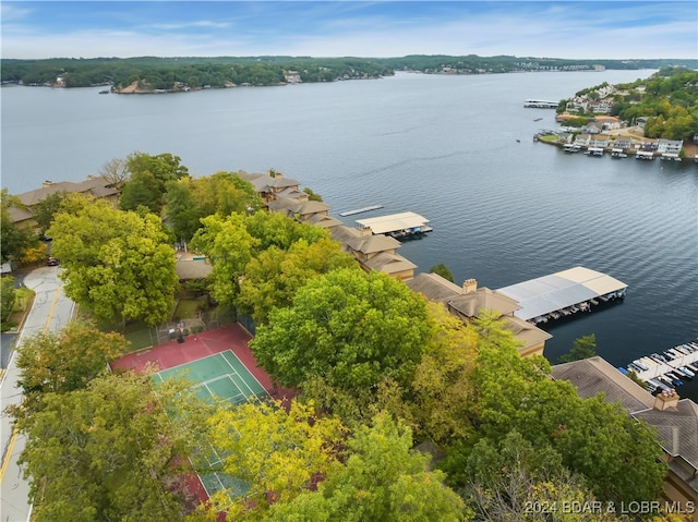 aerial view featuring a water view