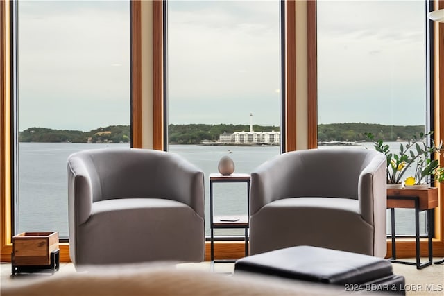 living area featuring a water view