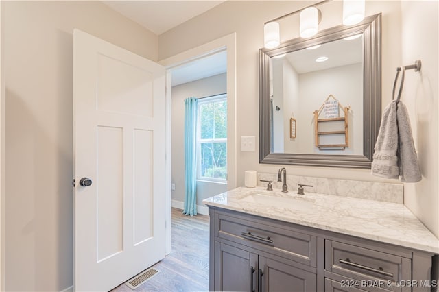 bathroom with hardwood / wood-style flooring and vanity