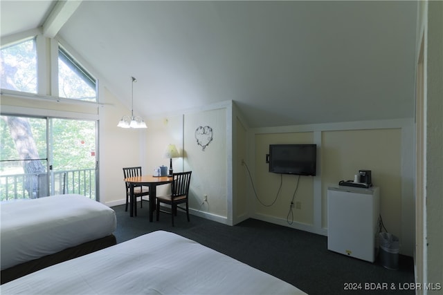 bedroom with dark carpet, beamed ceiling, high vaulted ceiling, refrigerator, and a notable chandelier