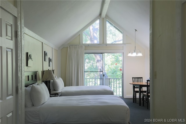 carpeted bedroom featuring multiple windows, beam ceiling, a chandelier, and high vaulted ceiling