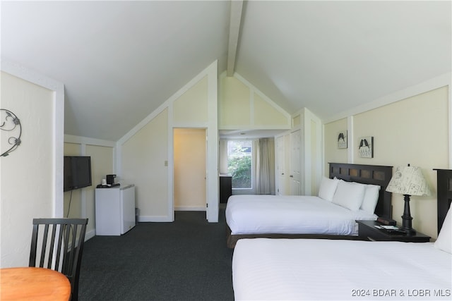 carpeted bedroom featuring vaulted ceiling with beams