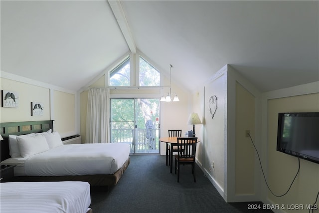 bedroom featuring dark colored carpet, beamed ceiling, access to outside, an inviting chandelier, and high vaulted ceiling