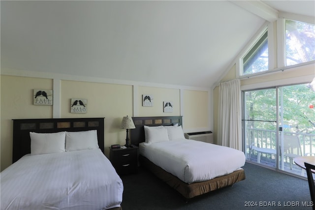 carpeted bedroom with high vaulted ceiling, an AC wall unit, beamed ceiling, and access to outside