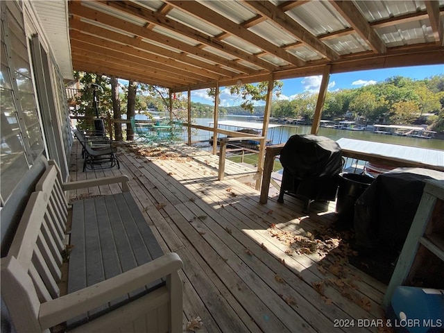 1735 Lick Creek Rd, Edwards, MO 65326 - wooden terrace featuring a water view, a boat dock, area for grilling, and boat lift