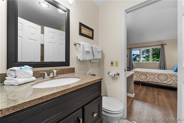 bathroom featuring wood-type flooring, vanity, and toilet