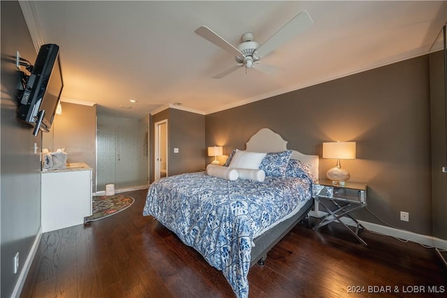 166 Falls Point Dr Unit 2B, Lake Ozark, MO 65049 - bedroom with baseboards, crown molding, wood-type flooring, and a ceiling fan