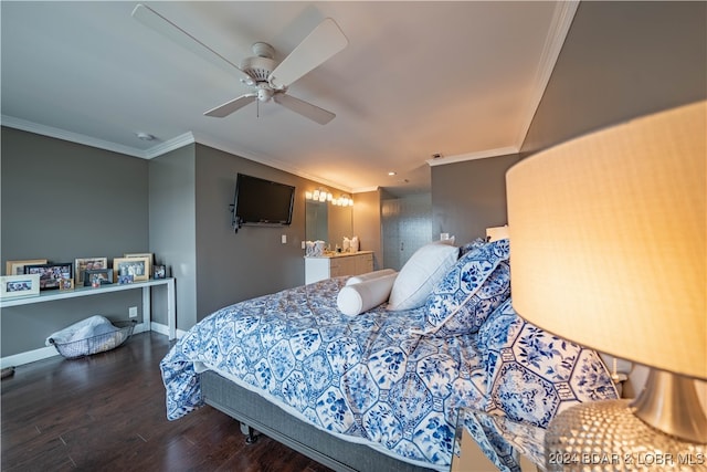 bedroom featuring wood-type flooring, crown molding, and ceiling fan