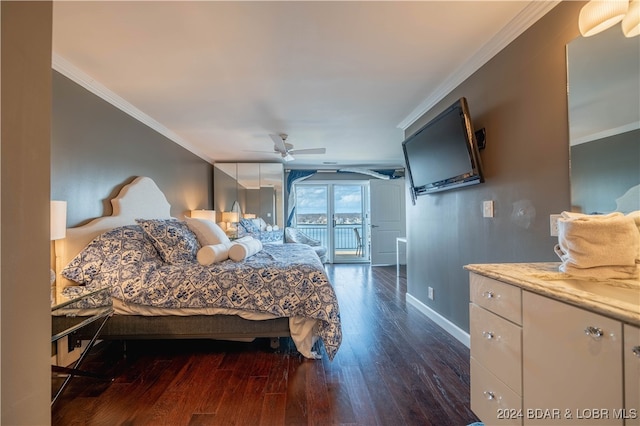 bedroom with ornamental molding, ceiling fan, access to outside, and dark hardwood / wood-style flooring