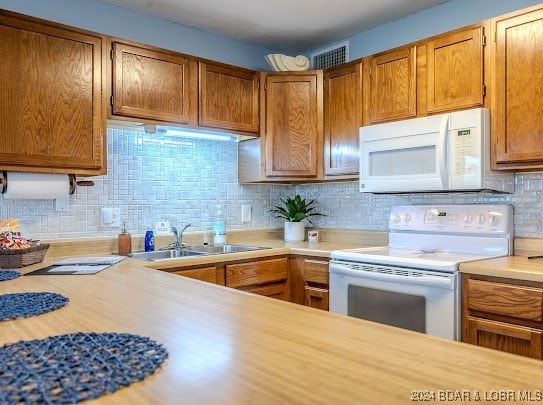 kitchen featuring backsplash, sink, and white appliances