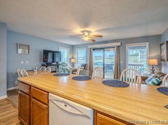 kitchen featuring dishwasher, wooden counters, a textured ceiling, ceiling fan, and light hardwood / wood-style flooring