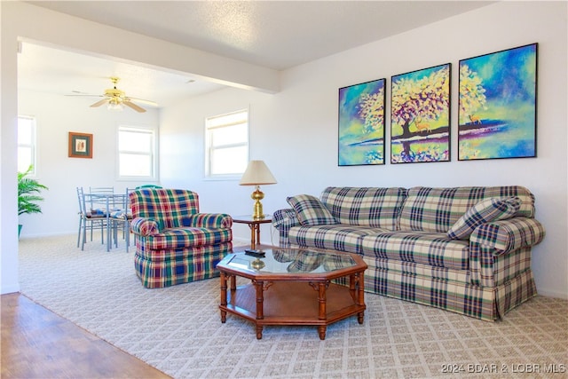 living room featuring light hardwood / wood-style floors and ceiling fan