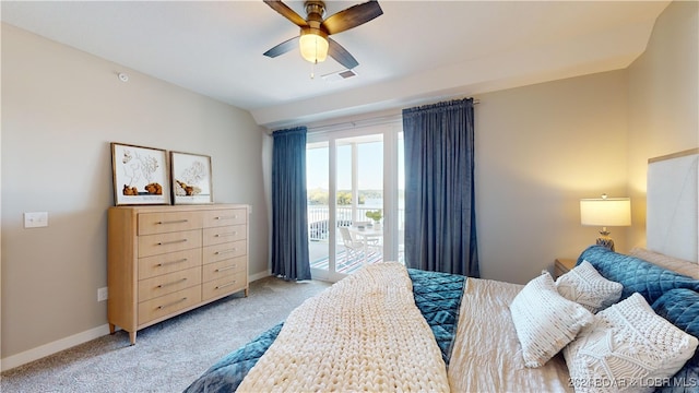 bedroom with light carpet, ceiling fan, and access to exterior