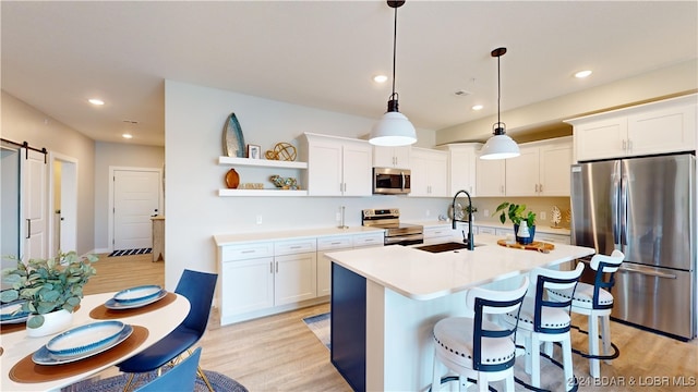 kitchen featuring sink, stainless steel appliances, a barn door, and white cabinetry