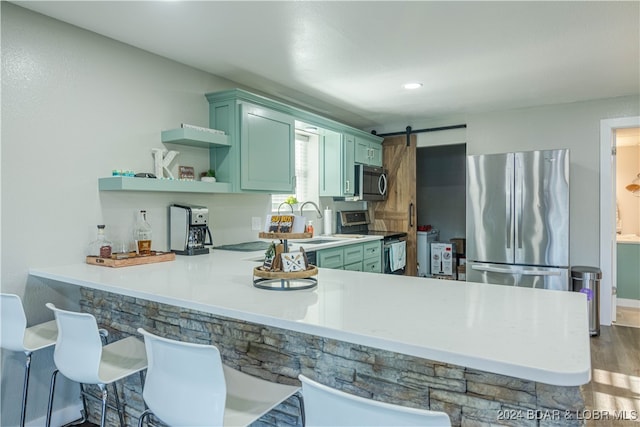 kitchen with wood-type flooring, green cabinetry, kitchen peninsula, a barn door, and stainless steel appliances