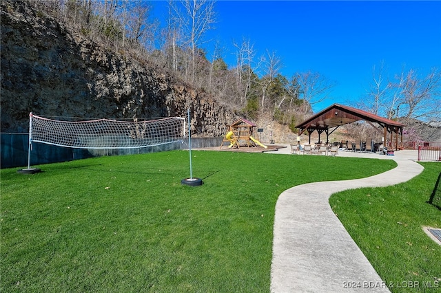 view of yard featuring a playground and a gazebo