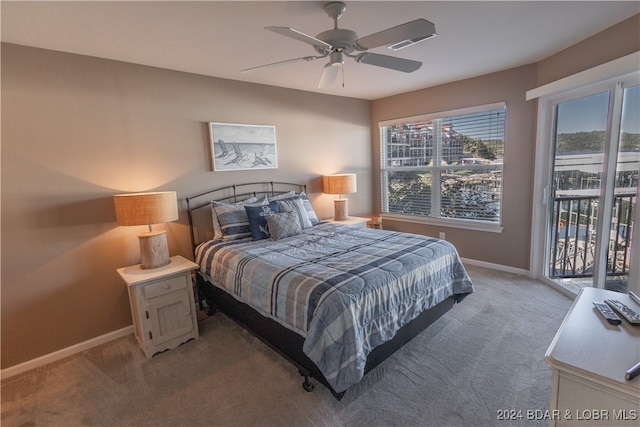 bedroom featuring ceiling fan, light colored carpet, and access to exterior