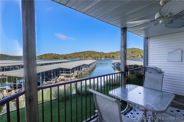 balcony featuring ceiling fan and a water view