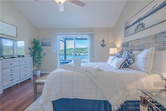 bedroom featuring access to outside, lofted ceiling, dark hardwood / wood-style flooring, and ceiling fan