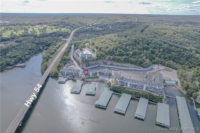 drone / aerial view with a water view