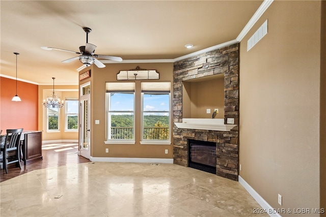 living room with a fireplace, plenty of natural light, and crown molding