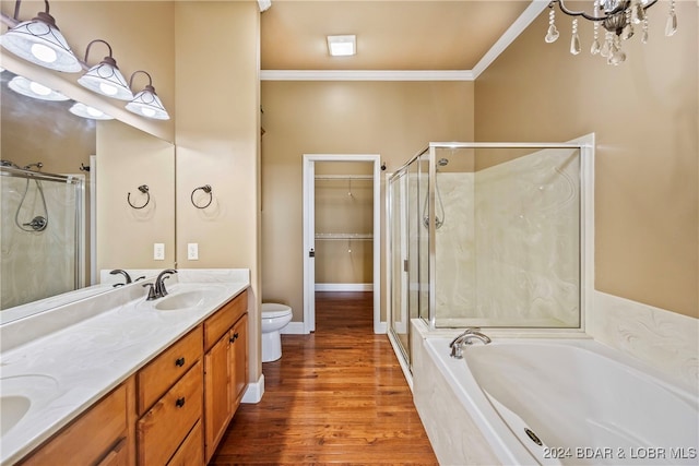 full bathroom featuring crown molding, vanity, toilet, and plus walk in shower