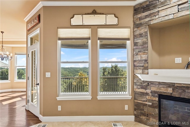 doorway featuring hardwood / wood-style flooring, a stone fireplace, crown molding, and plenty of natural light