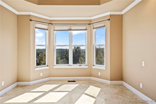 empty room featuring ornamental molding and plenty of natural light