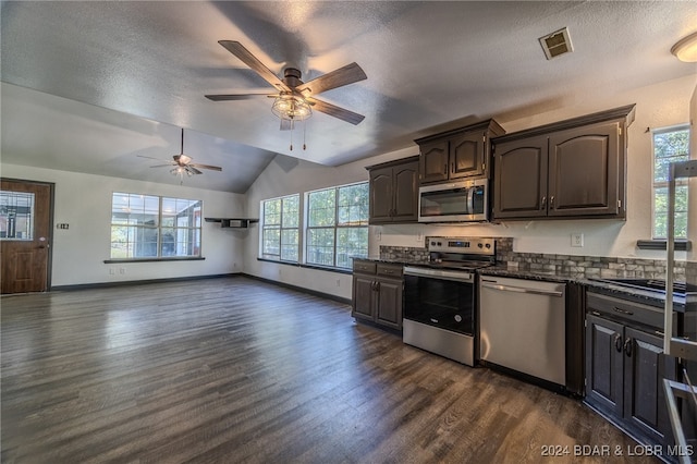 kitchen featuring appliances with stainless steel finishes, vaulted ceiling, a textured ceiling, ceiling fan, and dark hardwood / wood-style floors