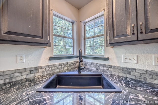 room details with dark brown cabinets, dark stone counters, and sink