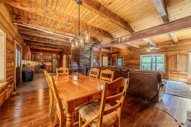 dining space with dark hardwood / wood-style floors, beam ceiling, wood walls, ceiling fan, and wooden ceiling