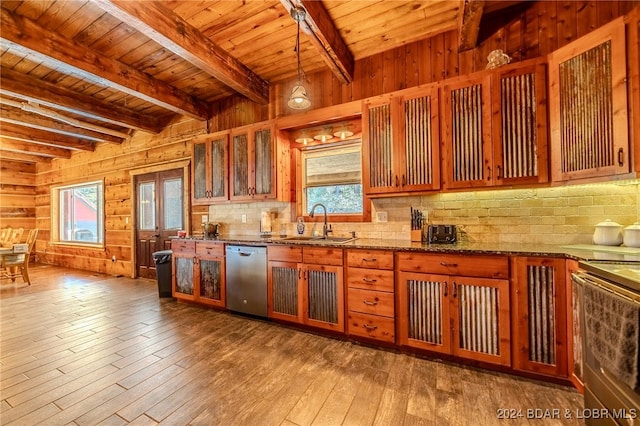 kitchen with wood ceiling, dishwasher, stone countertops, wooden walls, and sink