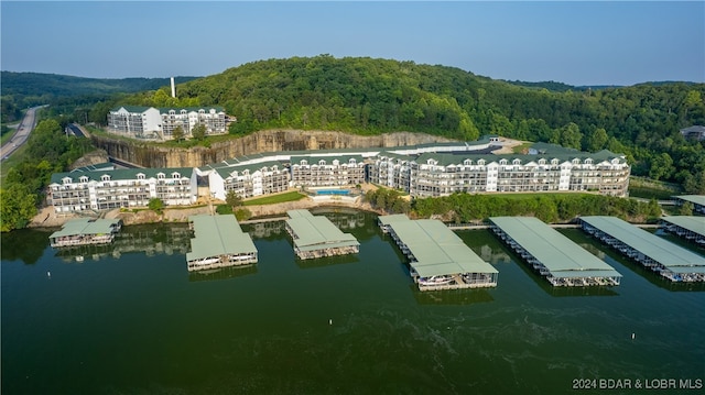 birds eye view of property featuring a water view and a forest view