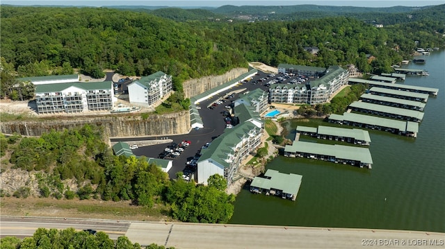 drone / aerial view with a water view and a wooded view