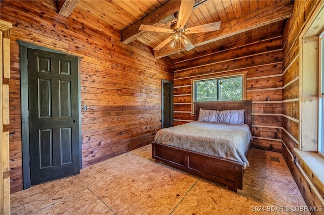 bedroom with lofted ceiling with beams, ceiling fan, wooden walls, and wood ceiling