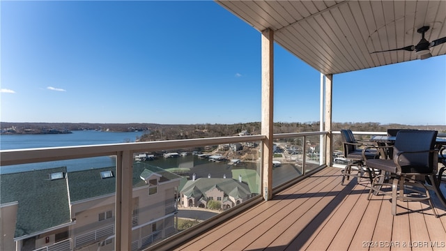 deck featuring a water view