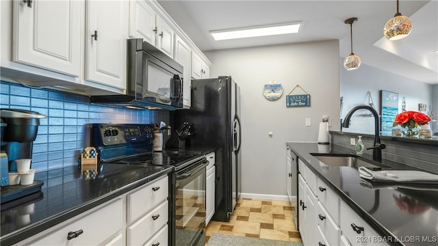 kitchen with sink, white cabinetry, and black appliances