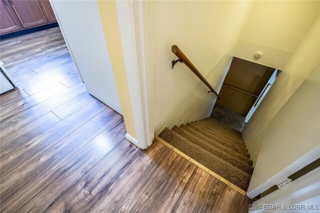 staircase with hardwood / wood-style floors