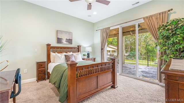 carpeted bedroom featuring ceiling fan and access to outside