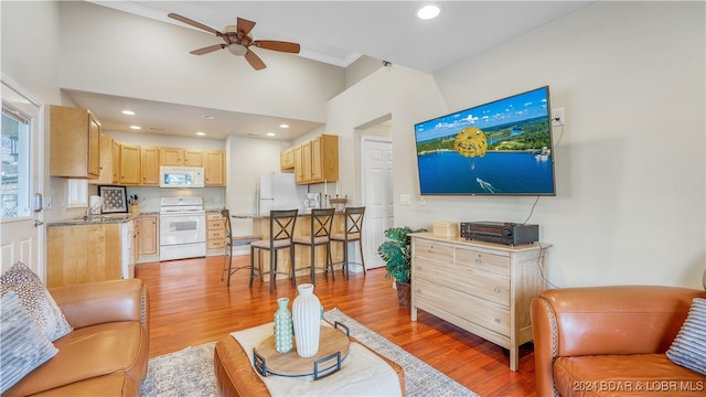 living room with light hardwood / wood-style floors, sink, and ceiling fan