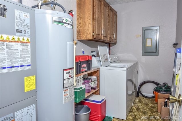 laundry area with washing machine and dryer, electric panel, electric water heater, and cabinets