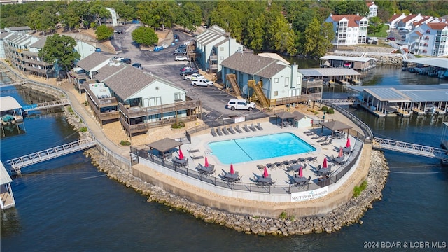 drone / aerial view featuring a water view