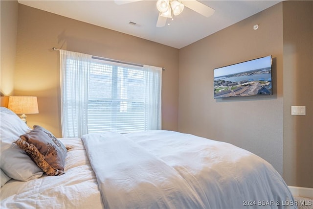 bedroom featuring ceiling fan and visible vents