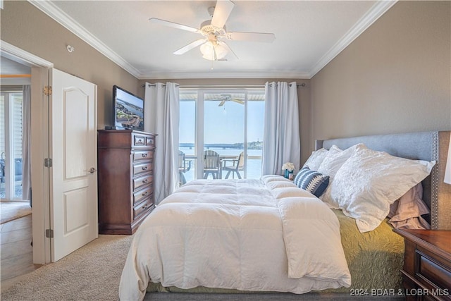 bedroom with access to outside, ceiling fan, crown molding, and light colored carpet