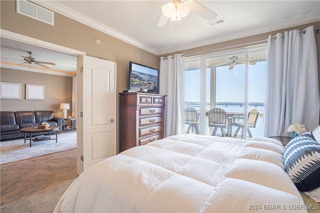bedroom featuring wood finished floors, visible vents, crown molding, and access to outside