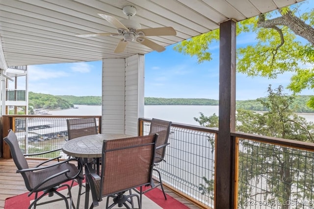 wooden deck featuring ceiling fan and a water view