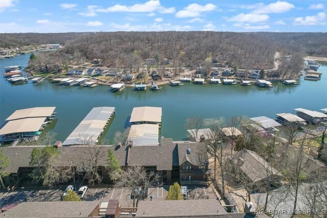 drone / aerial view with a water view