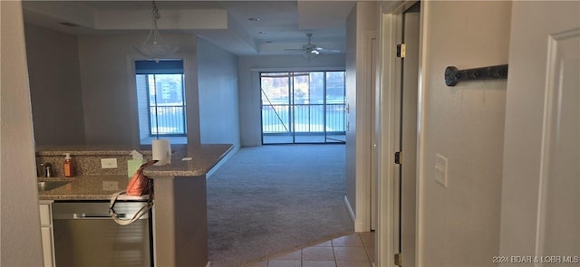 hall featuring light carpet, a raised ceiling, and sink